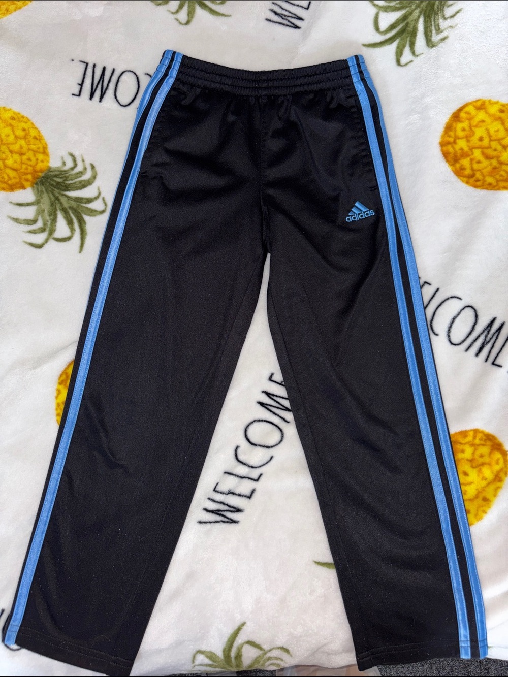 adidas Kids Black Sweatpants with Light Blue Side Stripes kids size 7